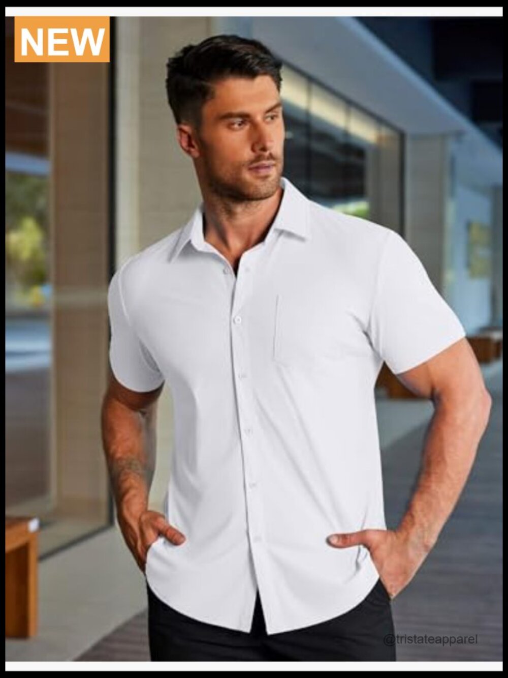 Men's Muscle Fit Stretch Wrinkle-Free Short Sleeve Button Down Shirt - Picture 3 of 6